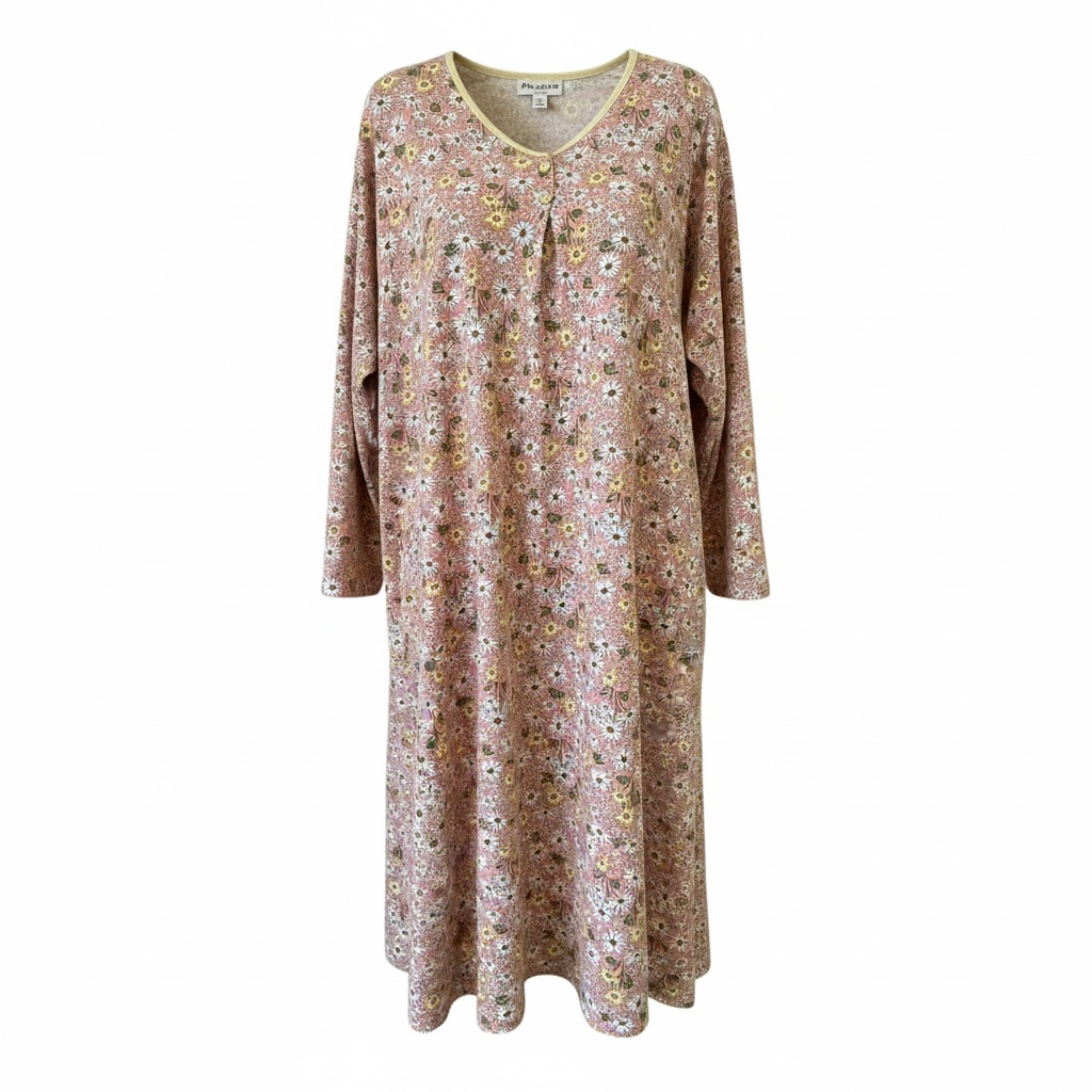 Robe de nuit en flanelle manche trois quarts | Marguerites | A3B