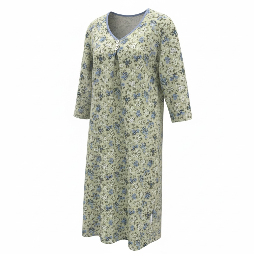Robe de nuit en flanelle manche 3/4 | Fleurs bleues | A3B