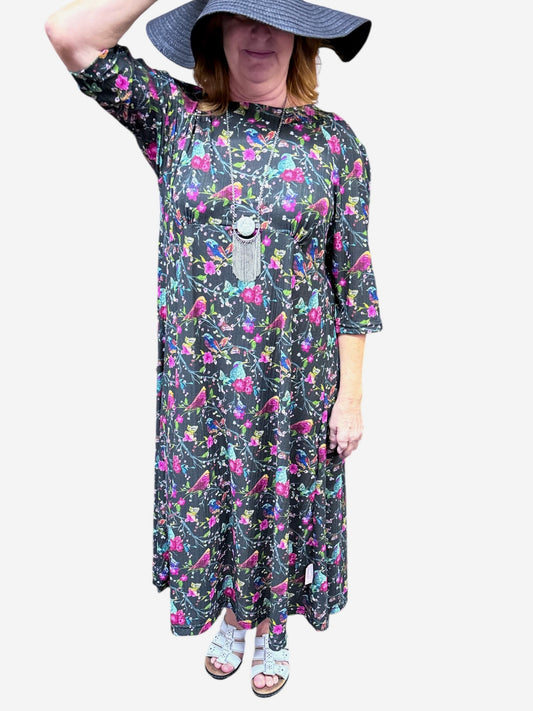 Robe adaptée manche ¾ ou longue Daphnée romantique | Oiseaux | A3B