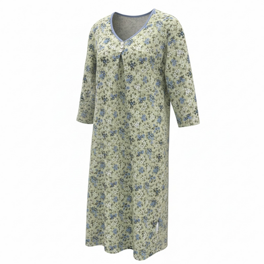 Robe  de nuit en flanelle manche 3/4 | Fleurs bleues | A3B